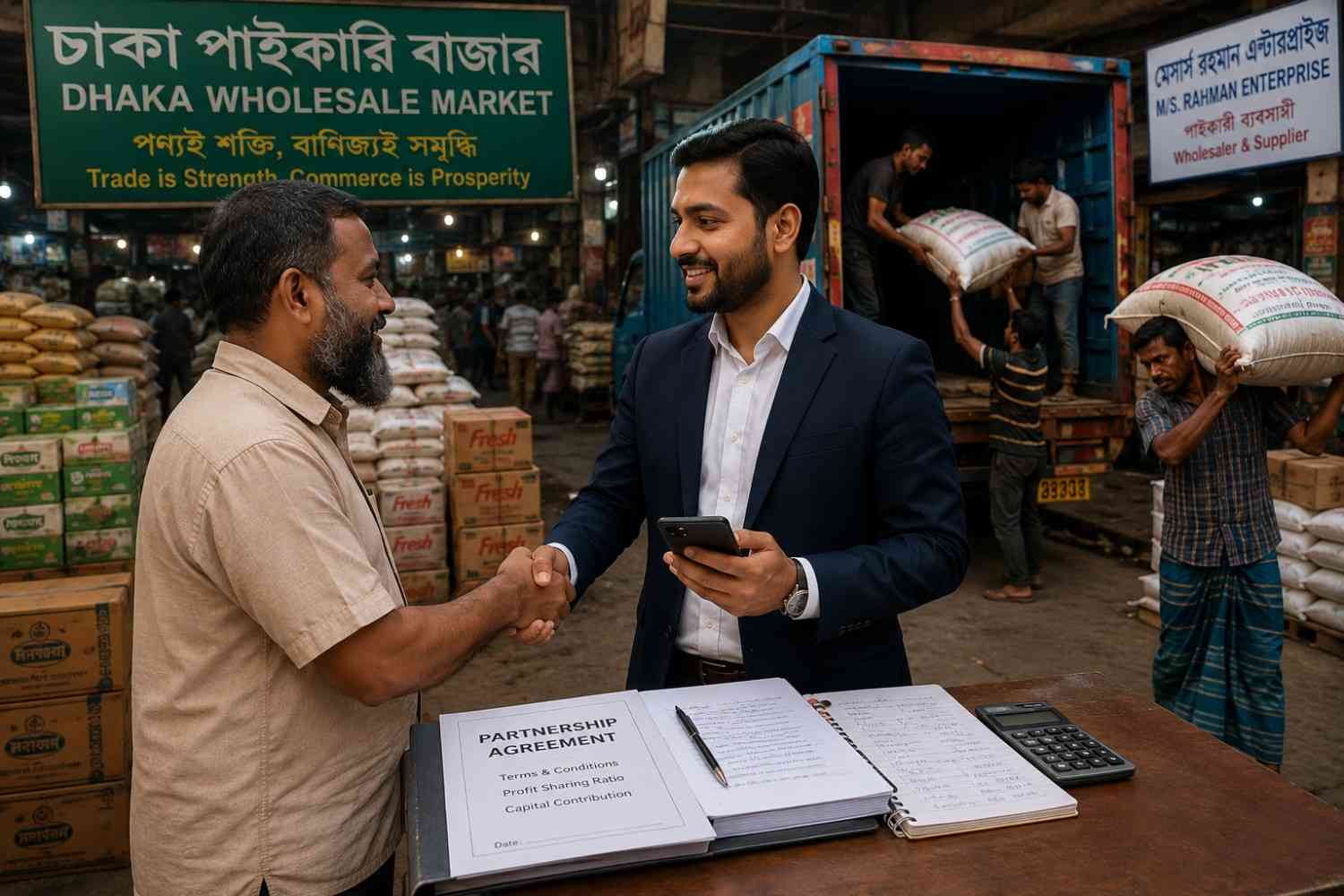 Business partners finalizing partnership agreement at Dhaka wholesale market
